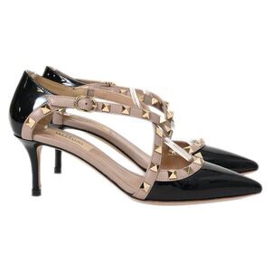 Valentino Garavani D'orsay Studded Kitten Heel Pumps in Black Patent Leather